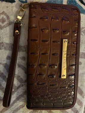 Brahmin Brown Suri Zip Around Croc-Embossed Wristlet Wallet with Gold Hardware